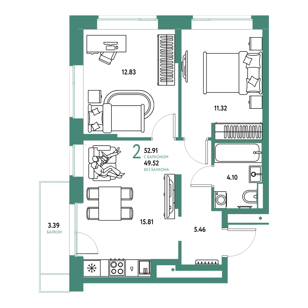 Планировка: 2-комнатная 52,91 м²