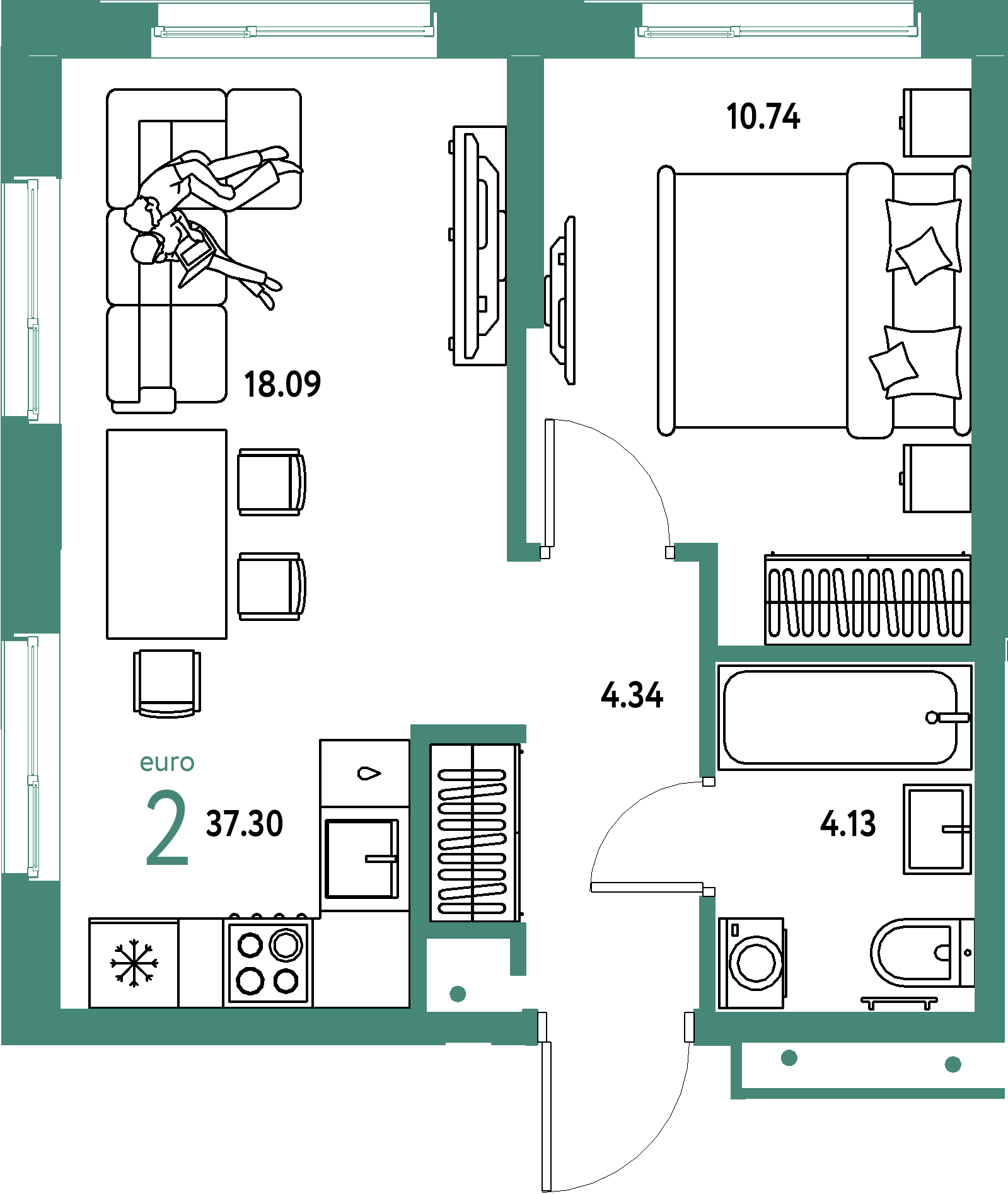 Планировка: Евродвушка 37,3 м² в ЖК «Домашний»