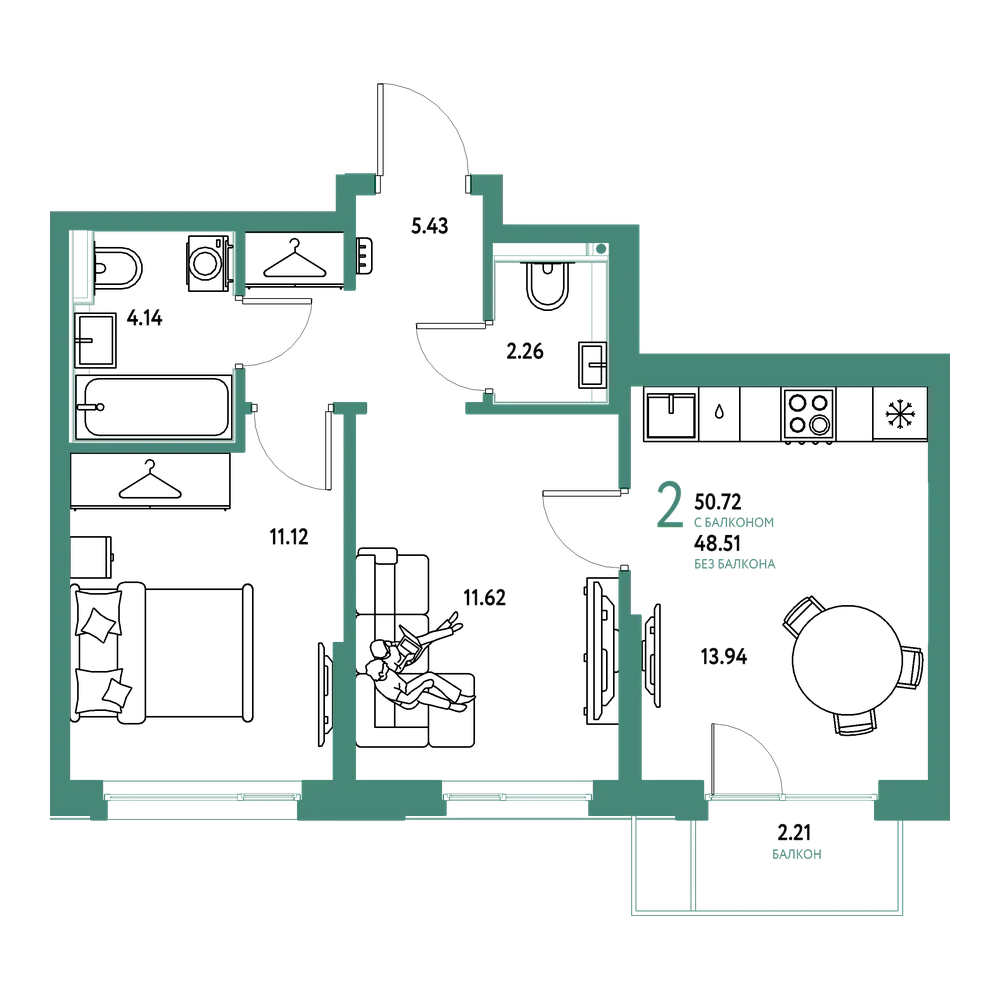 Планировка: 2-комнатная 50,72 м²