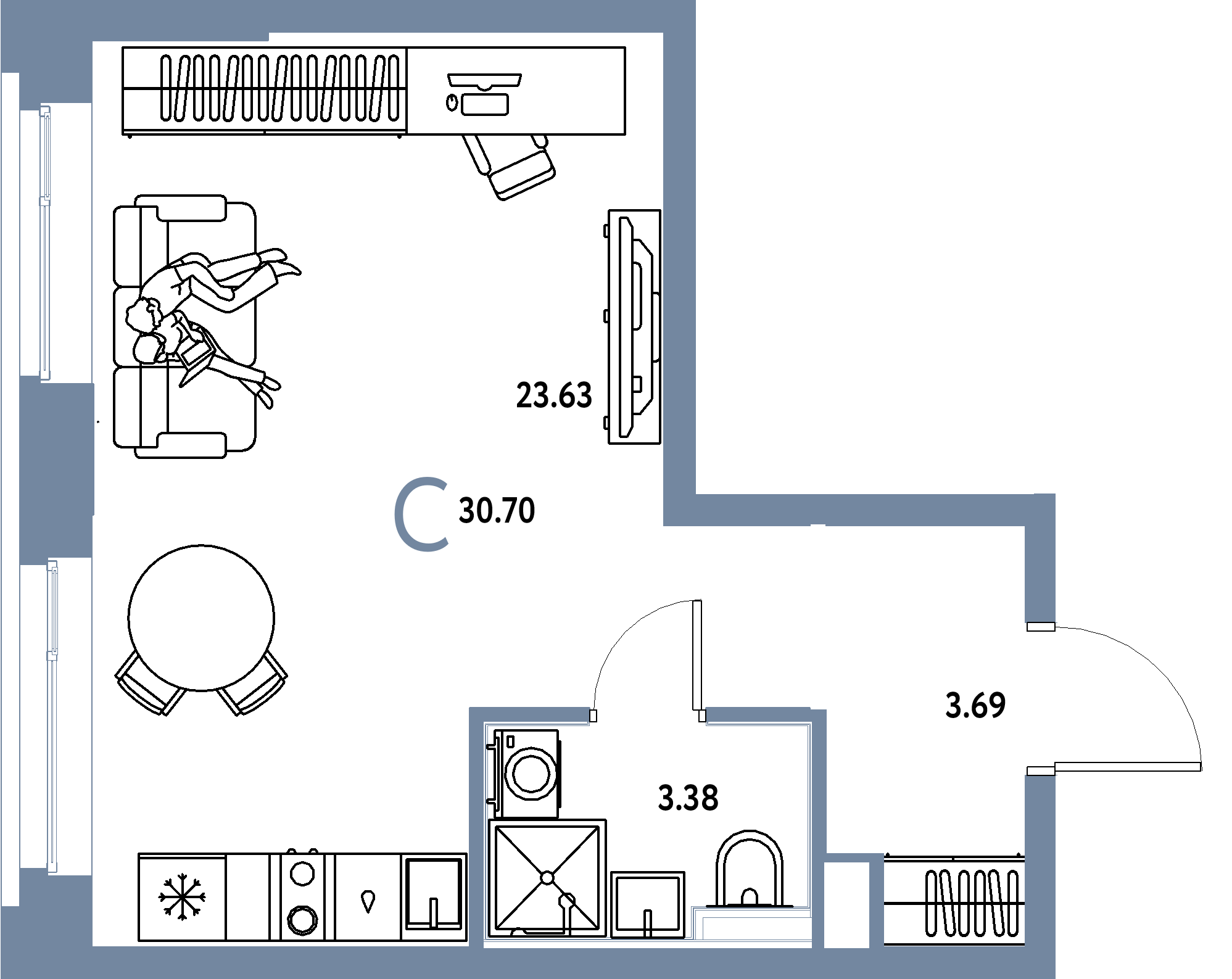 Планировка: Студия 30,7 м² в ЖК «Сердце Сибири»