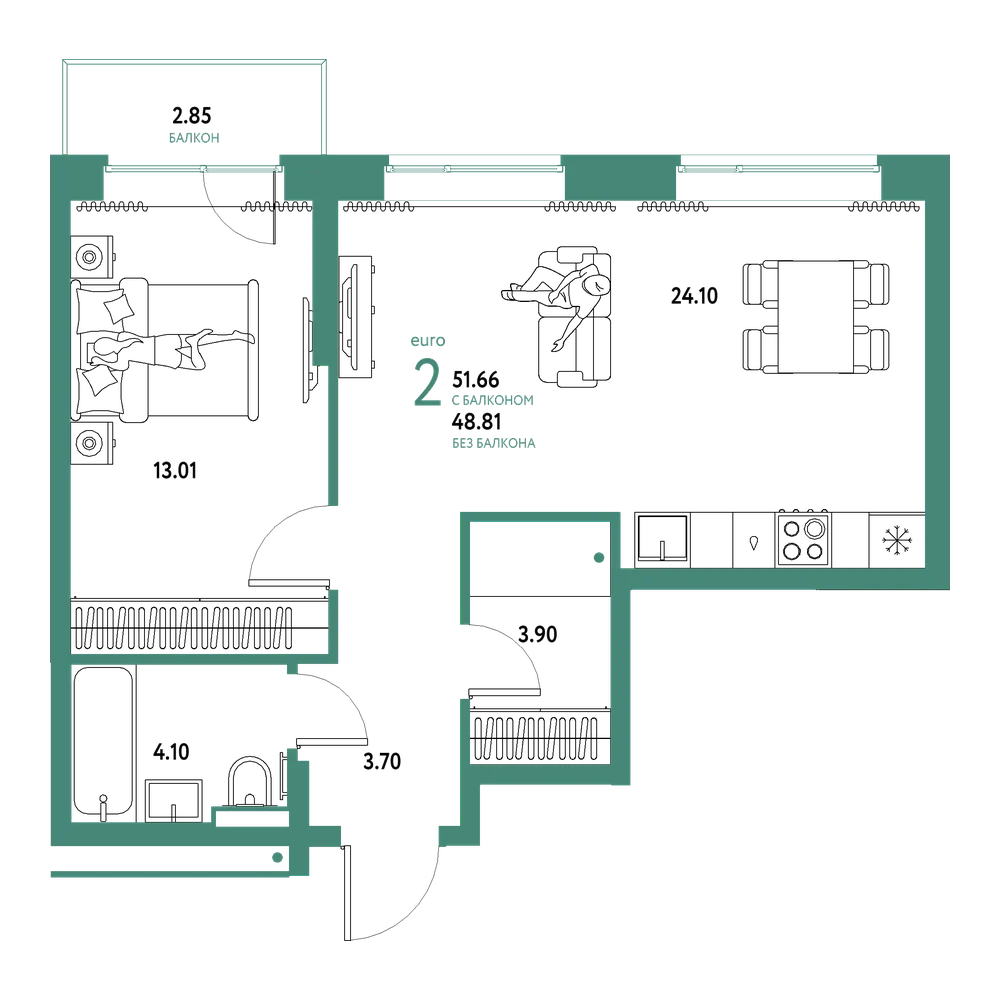 Планировка: Евродвушка 51,66 м²