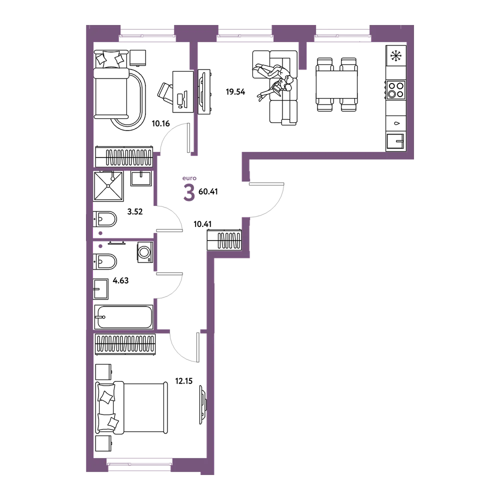 Планировка: Евротрёшка 60,41 м²