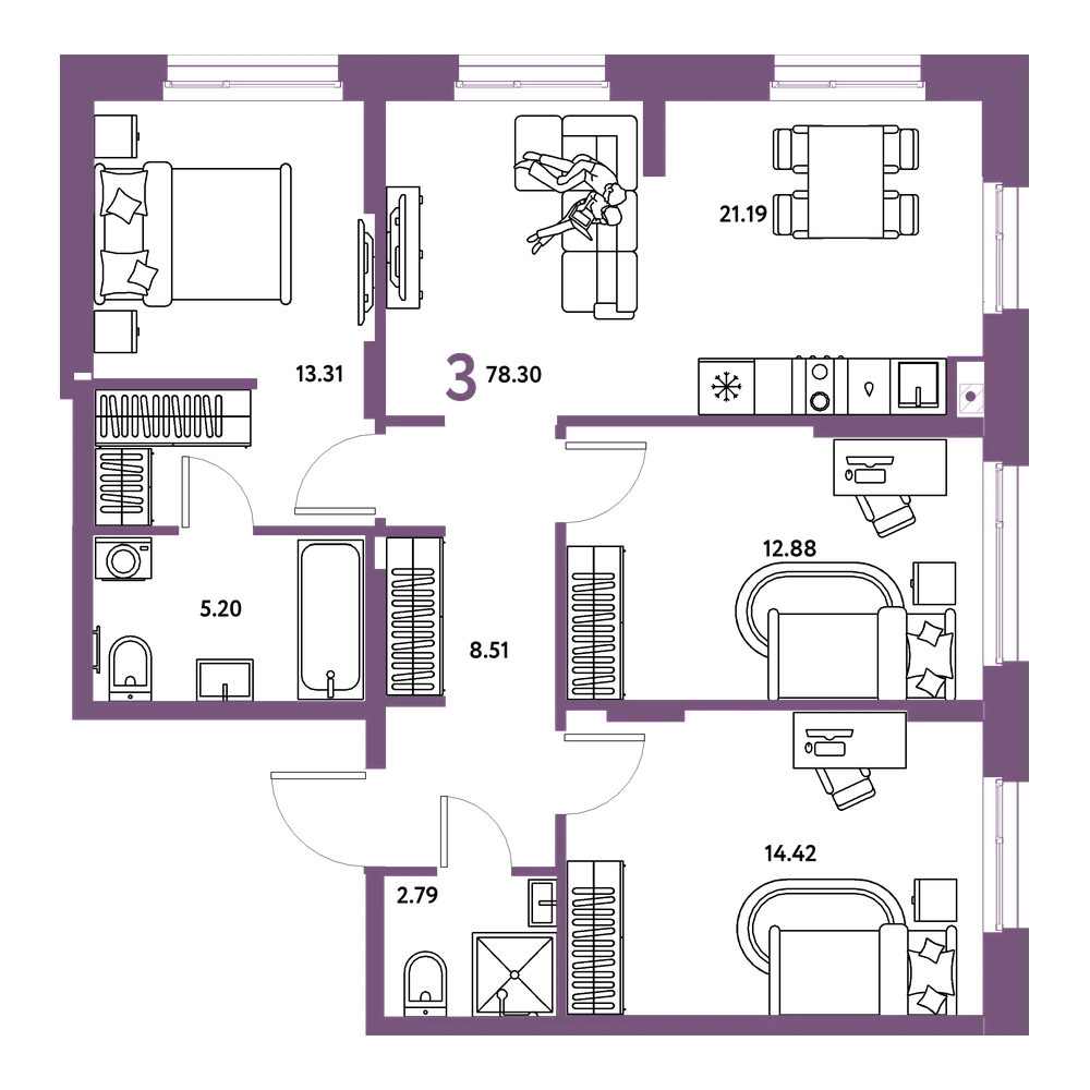 Планировка: 3-комнатная 78,3 м²
