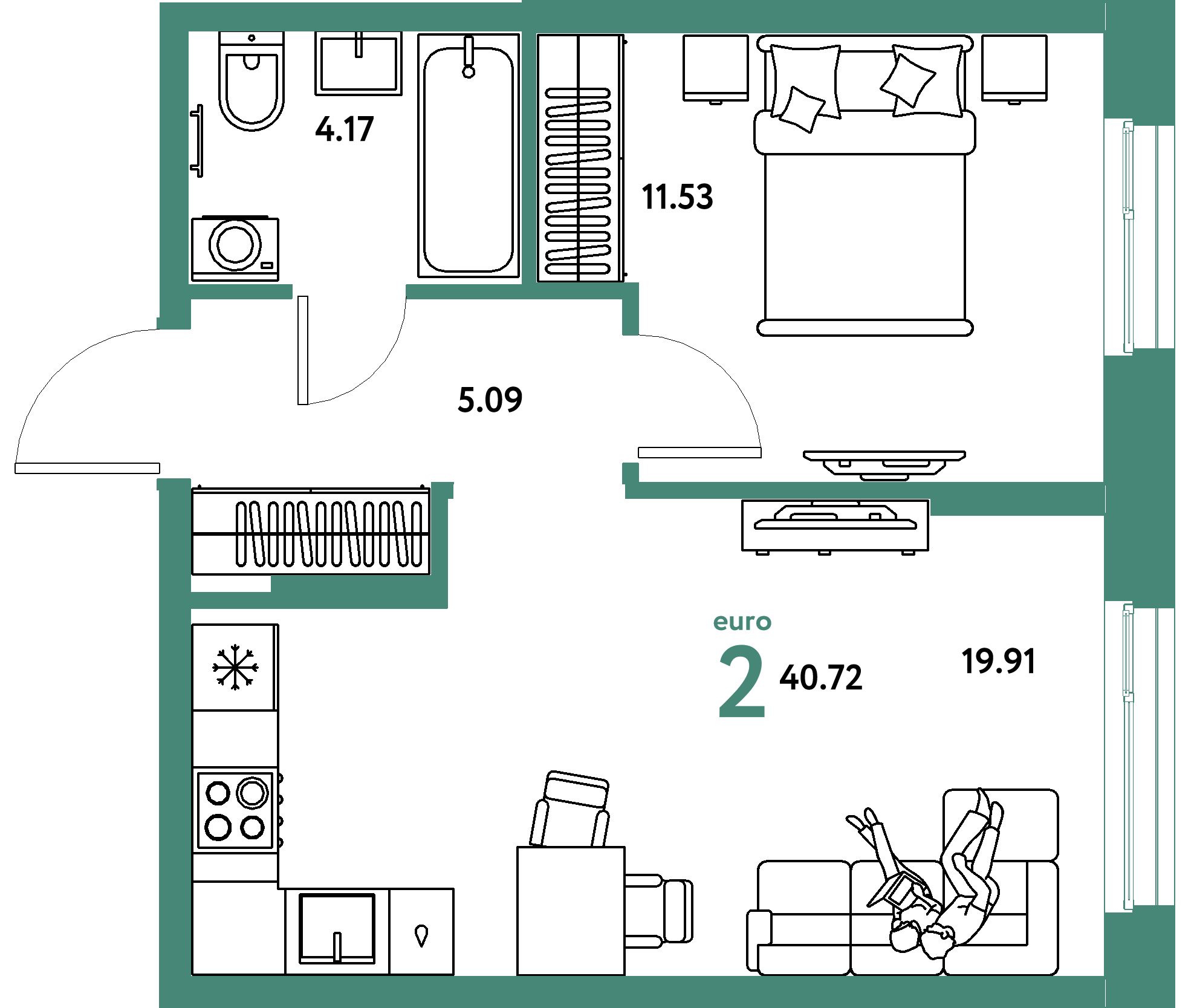 Планировка: Евродвушка 40,72 м² в ЖК «Европейский берег 2.0»