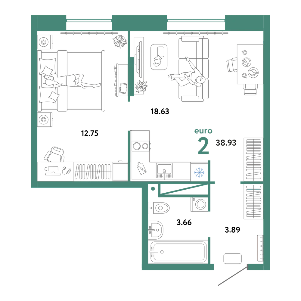 Планировка: Евродвушка 38,93 м²