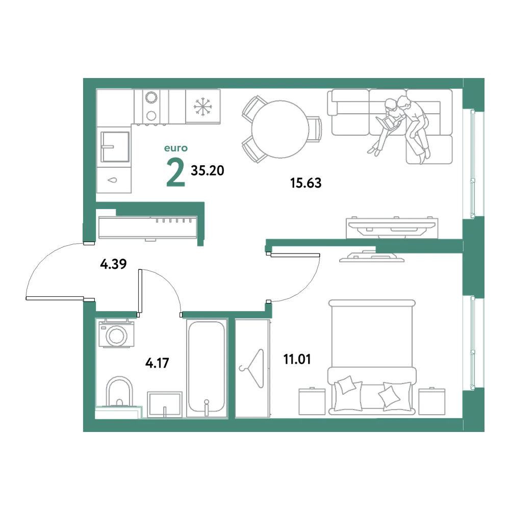 Планировка: Евродвушка 35,2 м²