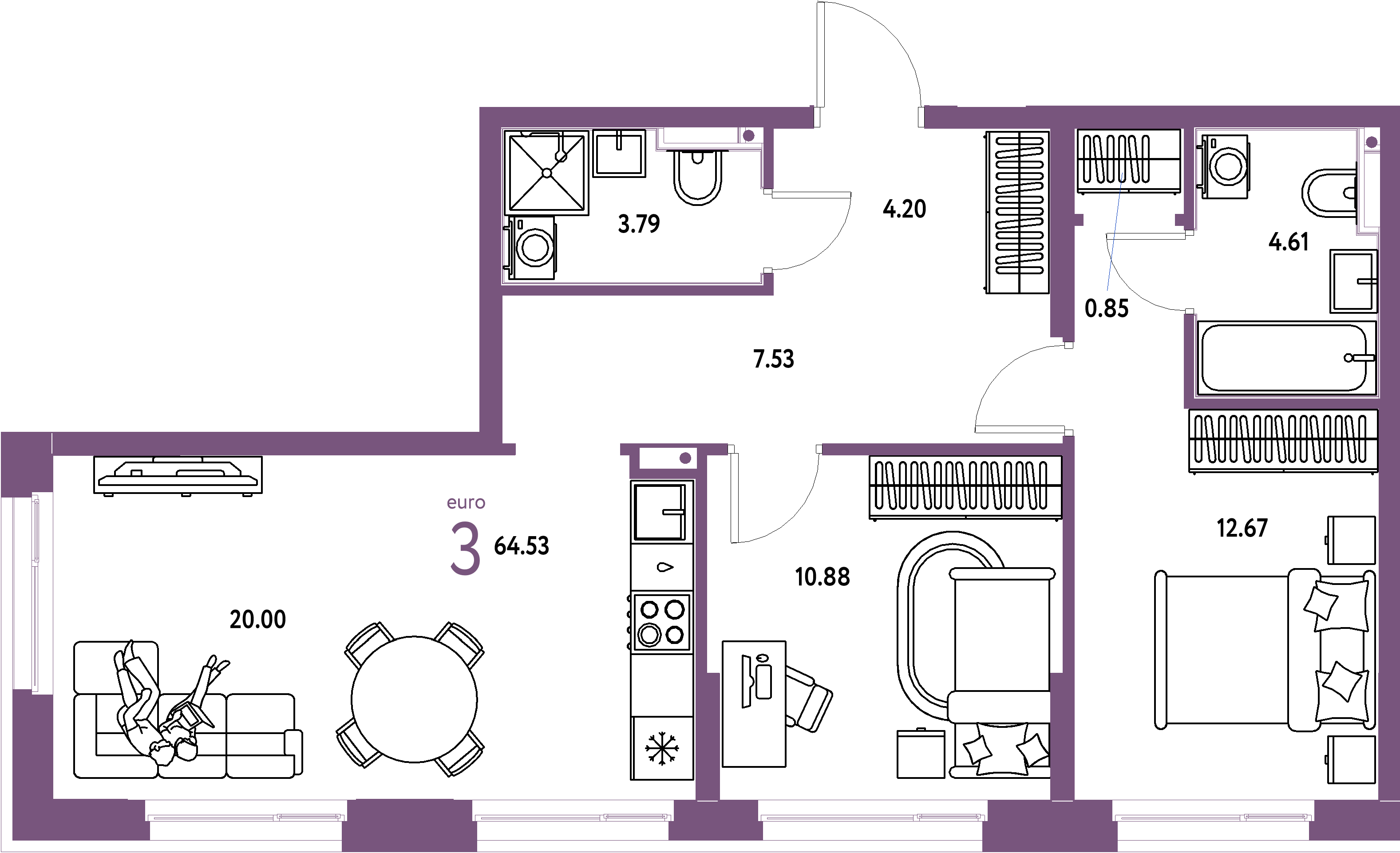 Планировка: Евротрёшка 64,64 м² в ЖК «Домашний»