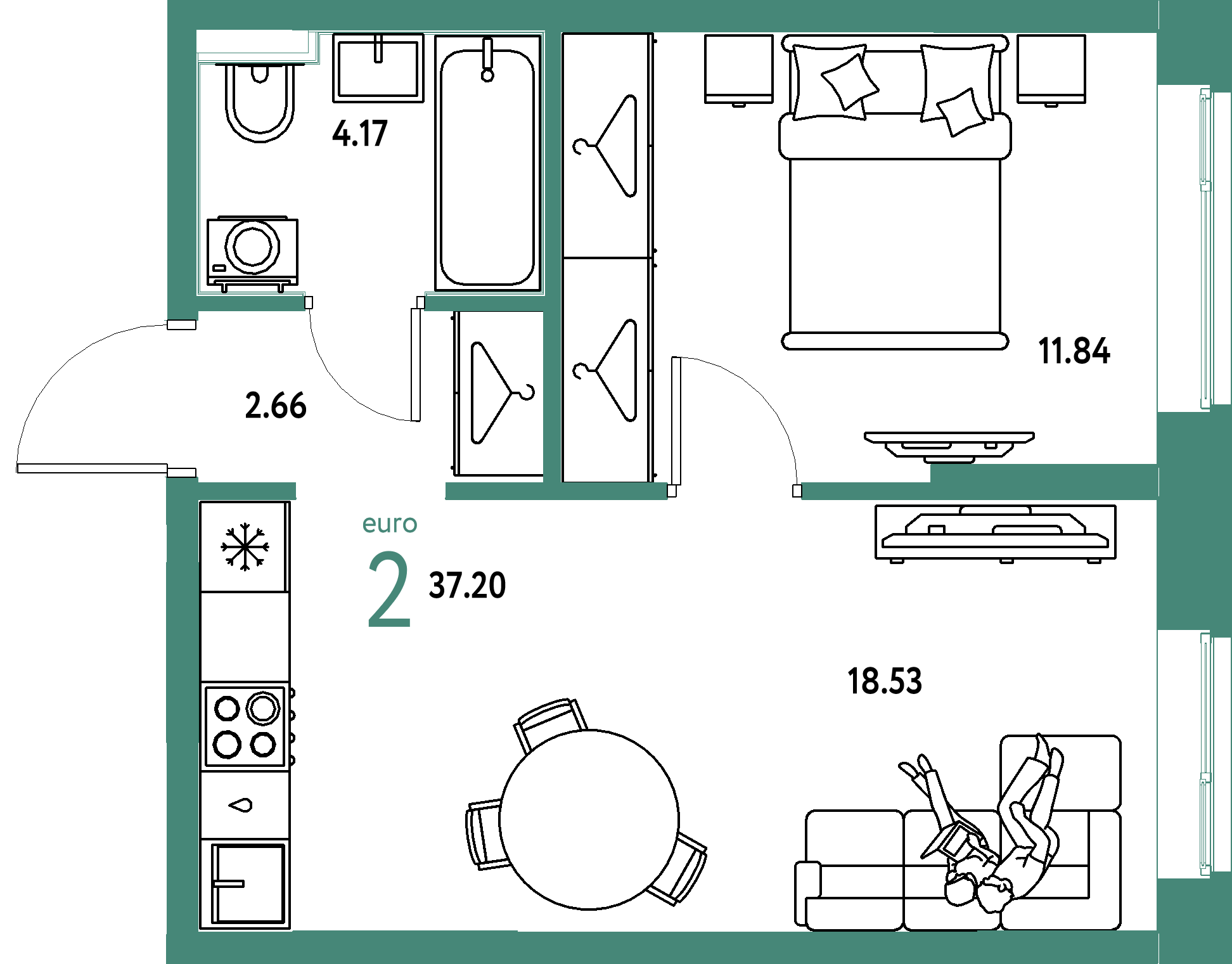 Планировка: Евродвушка 37,2 м² в ЖК «Европейский берег 2.0»