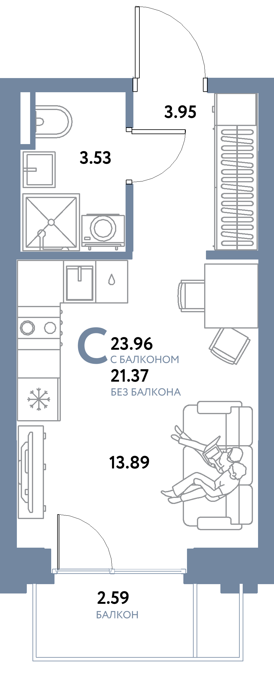 Планировка: Студия 23,96 м² в ЖК «Остров-сад»