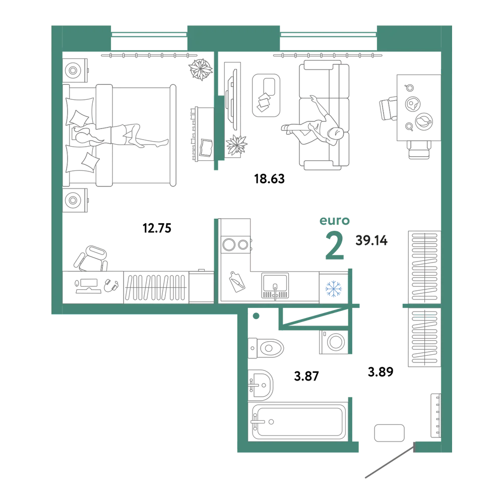 Планировка: Евродвушка 39,14 м²