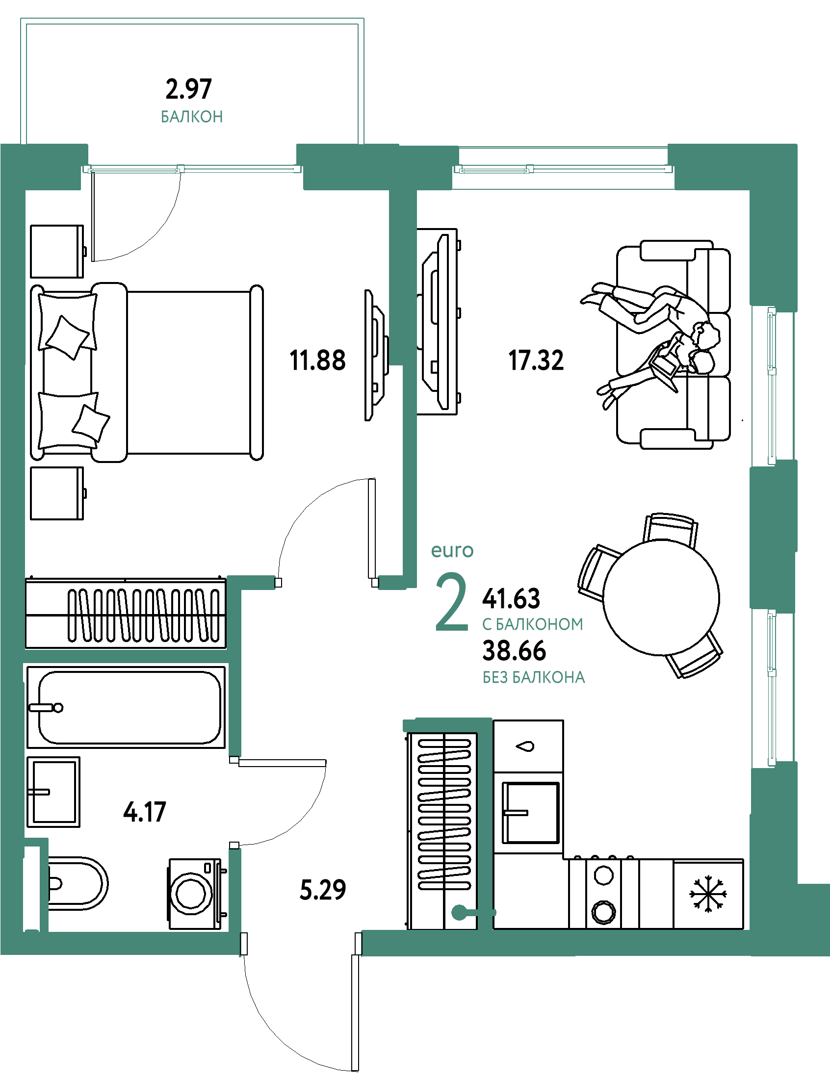 Планировка: Евродвушка 41,63 м² в ЖК «Остров-сад»