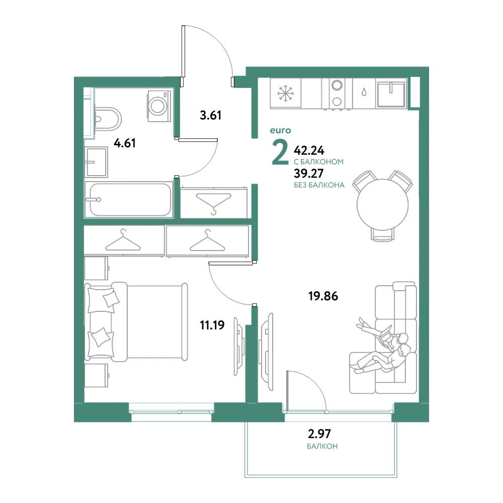Планировка: Евродвушка 42,24 м²