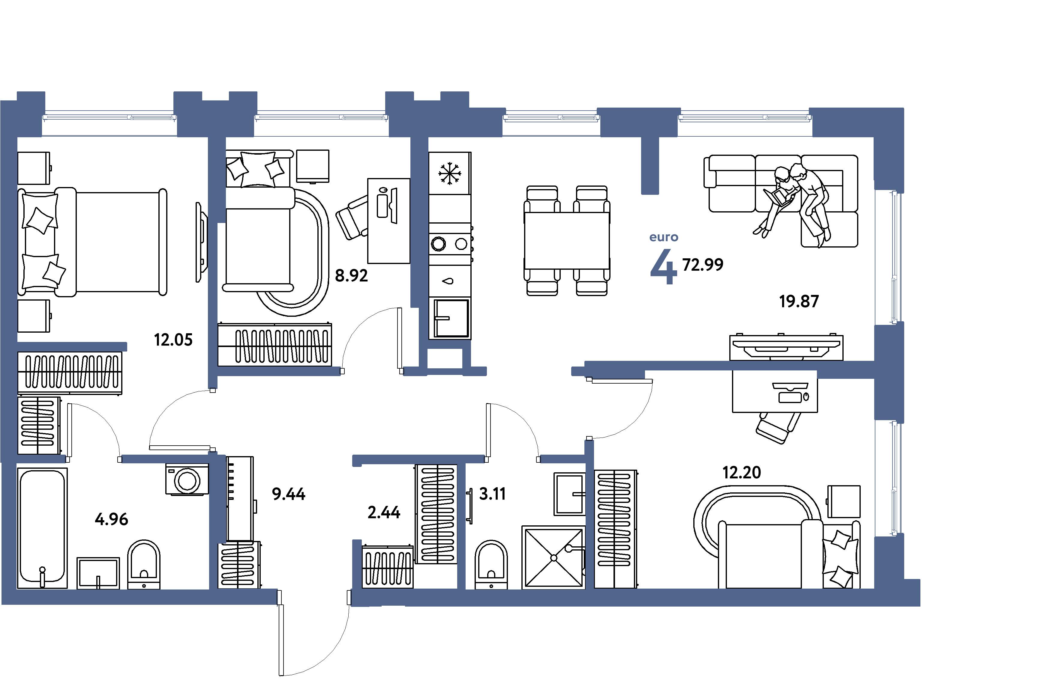 Планировка: Евро-4 72,99 м² в ЖК «Европейский берег 2.0»