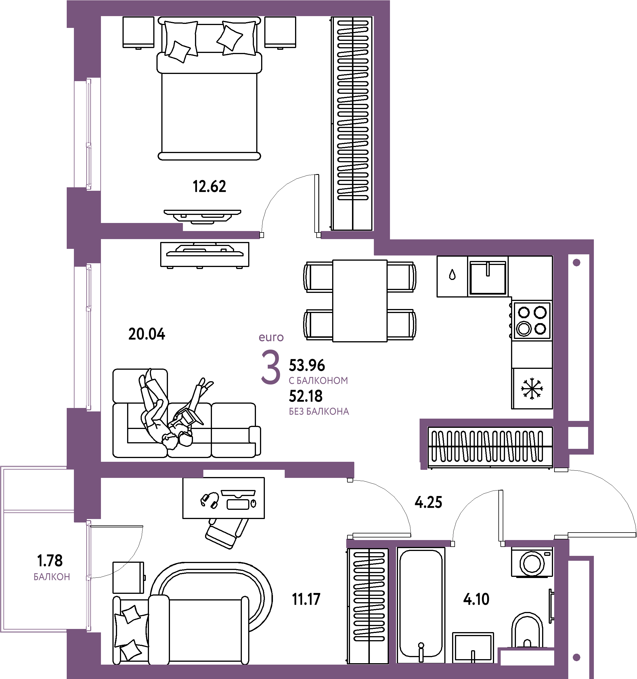 Планировка: Евротрёшка 53,96 м² в ЖК «Авторский»