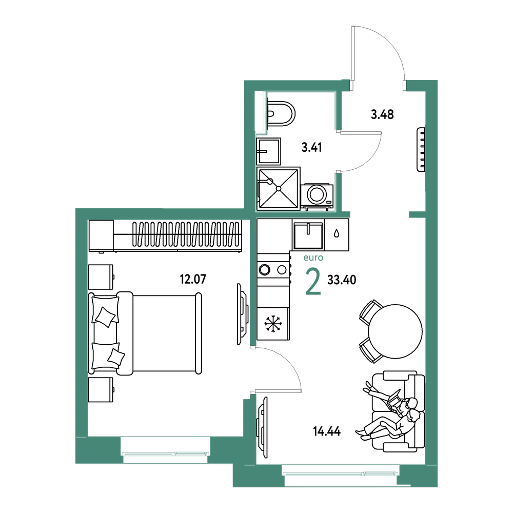 Планировка: Евродвушка 33,4 м²