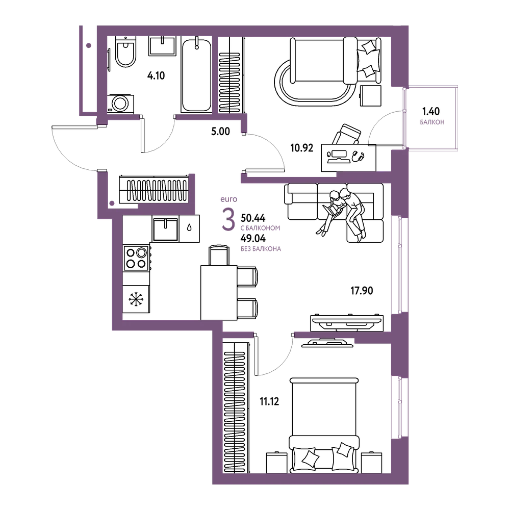 Планировка: Евротрёшка 50,44 м²