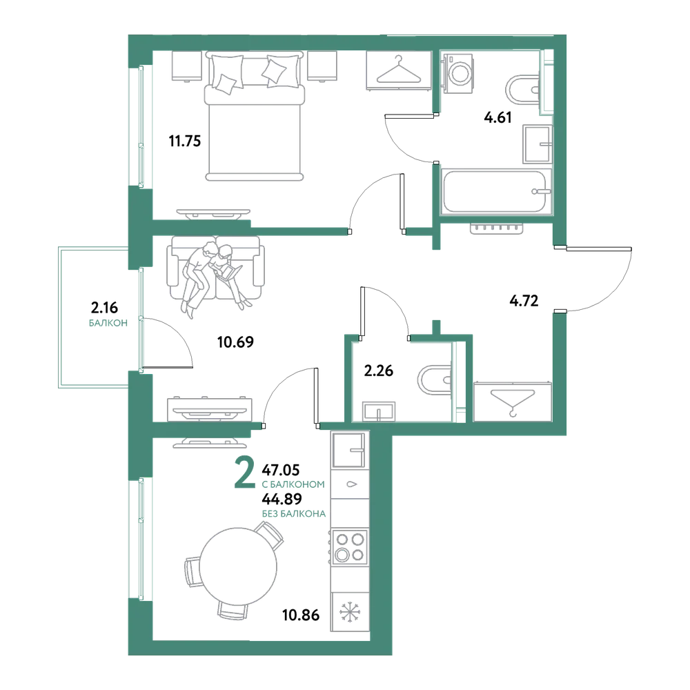 Планировка: 2-комнатная 47,05 м²