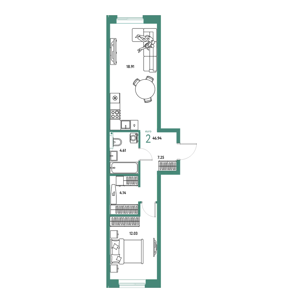 Планировка: Евродвушка 46,94 м²