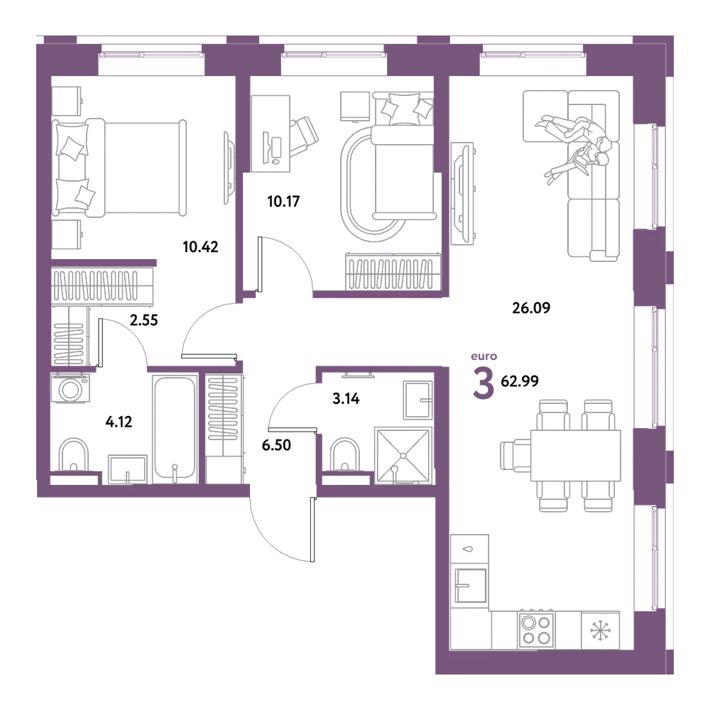 Планировка: Евротрёшка 62,99 м²
