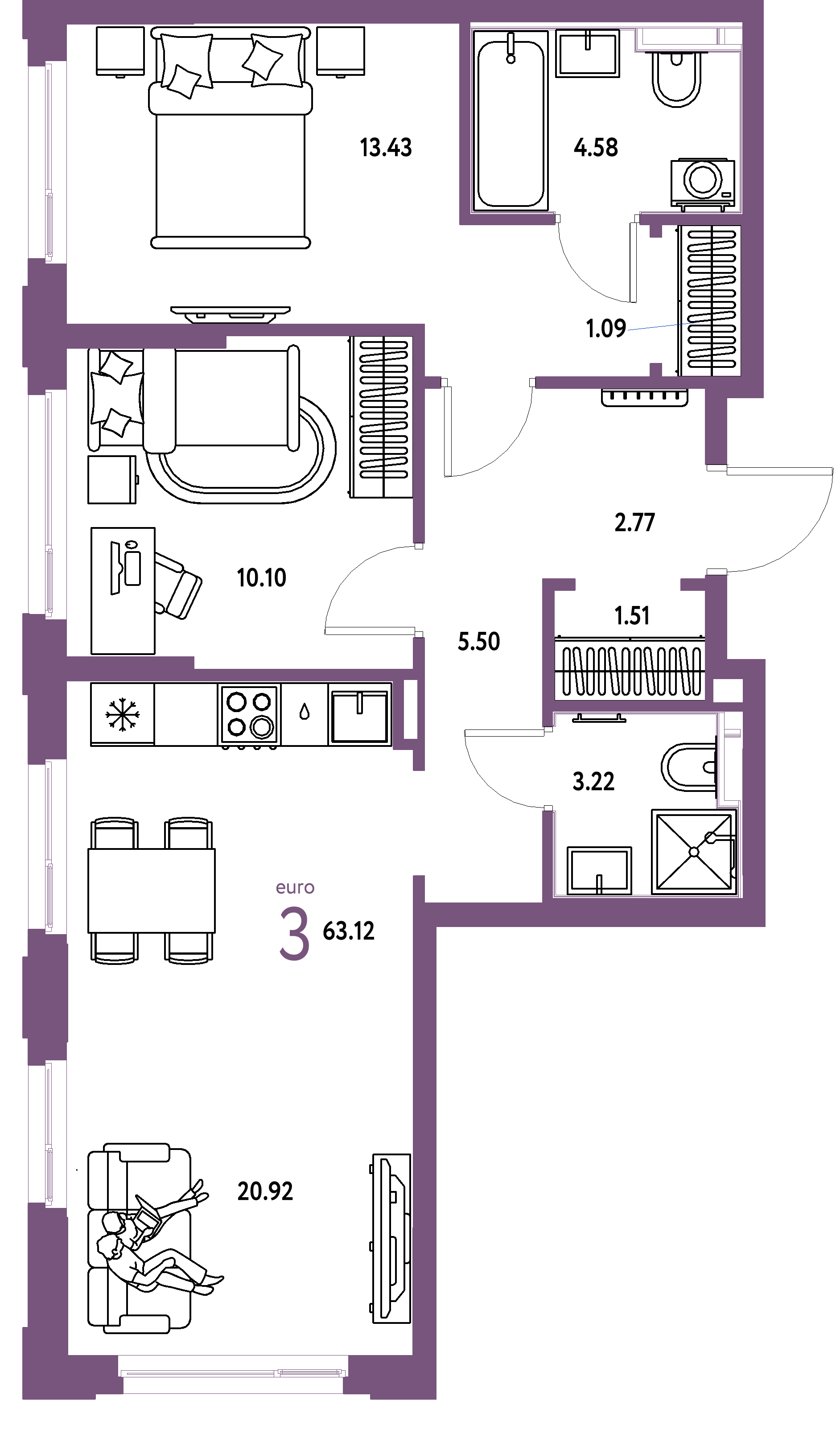 Планировка: Евротрёшка 63,12 м² в ЖК «Сердце Сибири»
