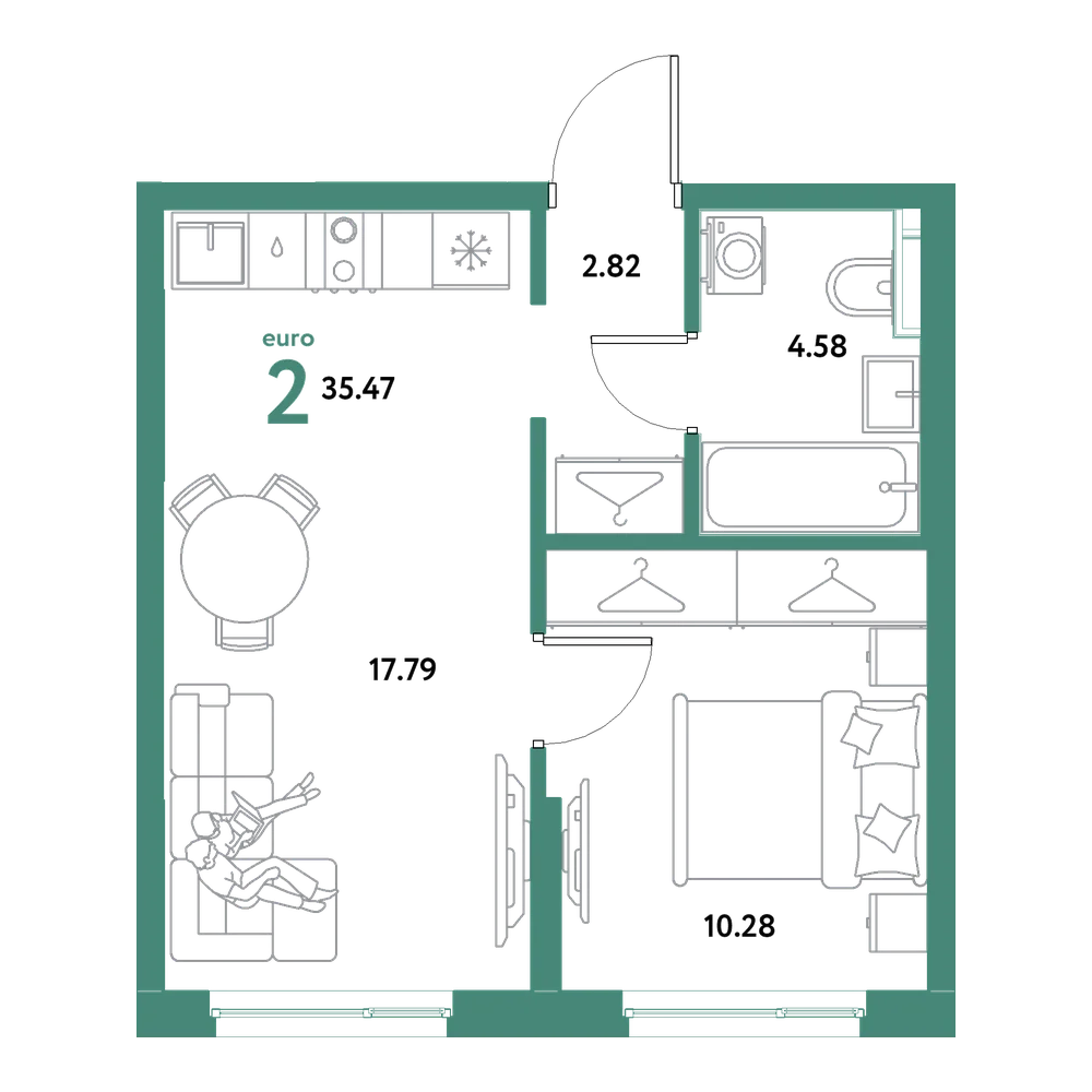 Планировка: Евродвушка 35,47 м²