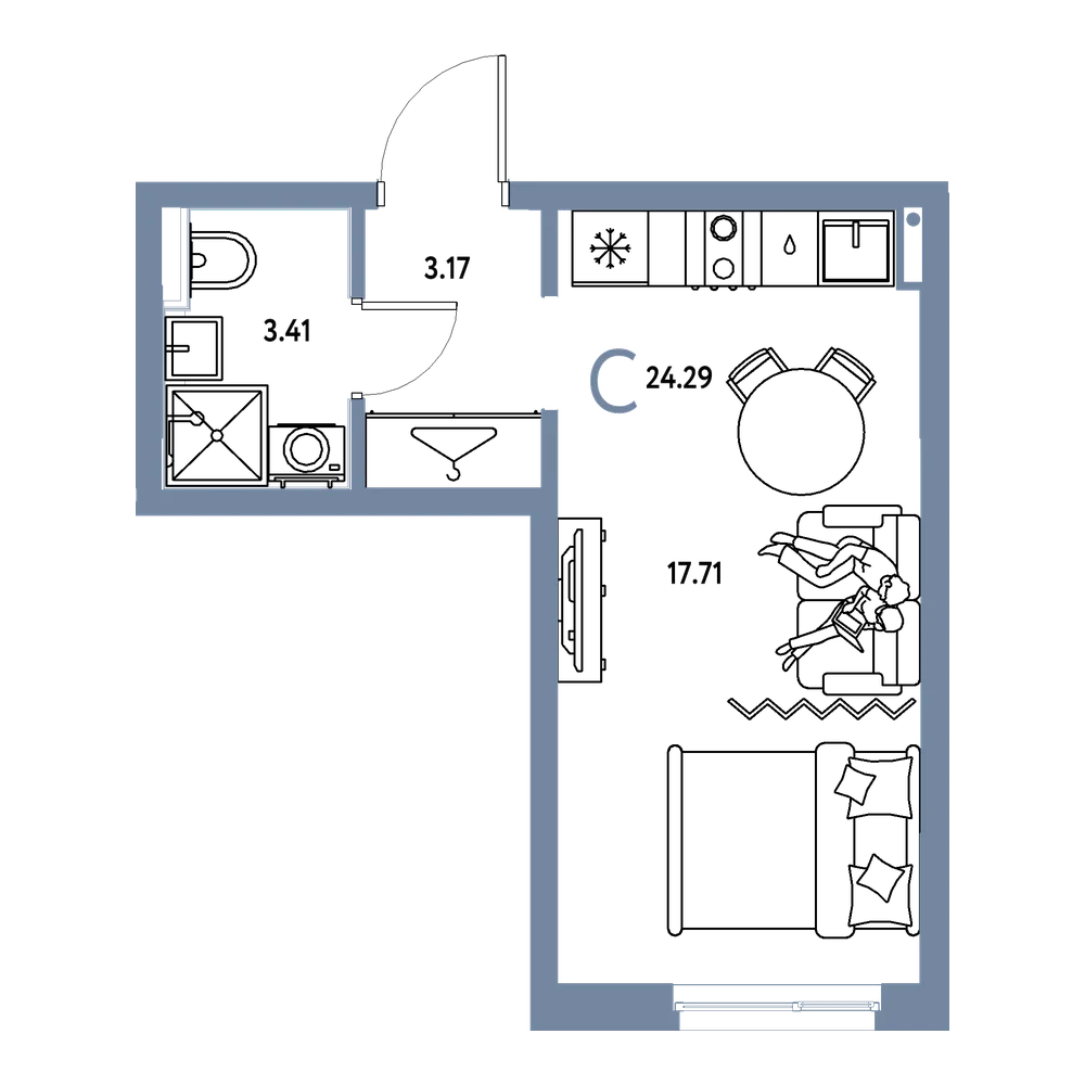 Планировка: Студия 24,29 м²