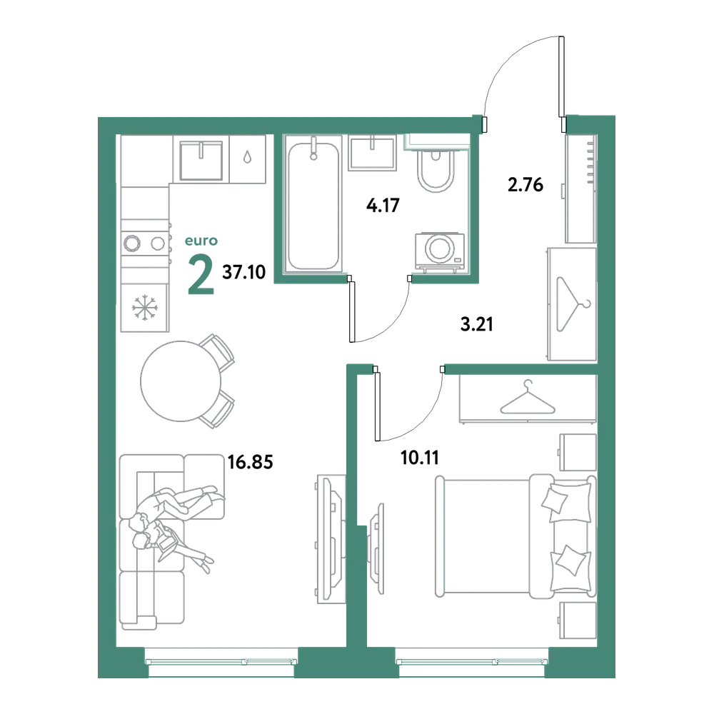Планировка: Евродвушка 37,1 м²