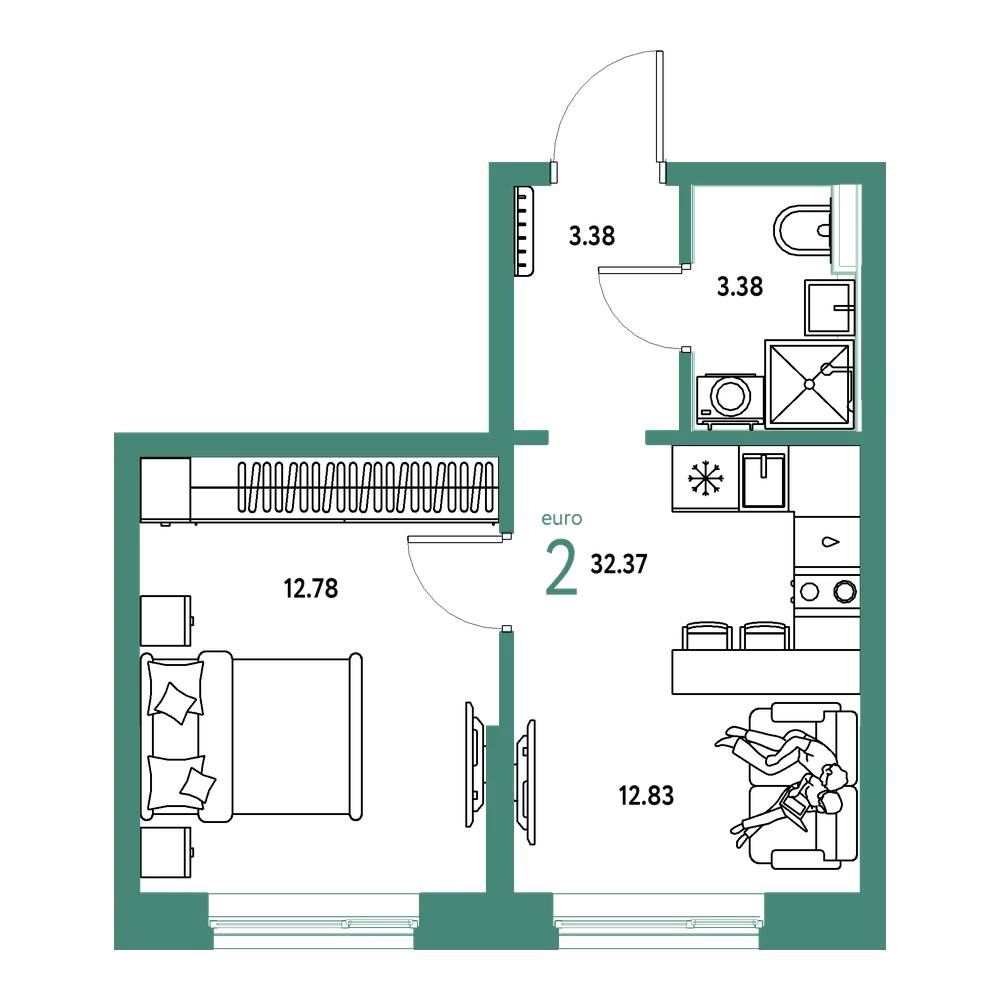 Планировка: Евродвушка 32,37 м²