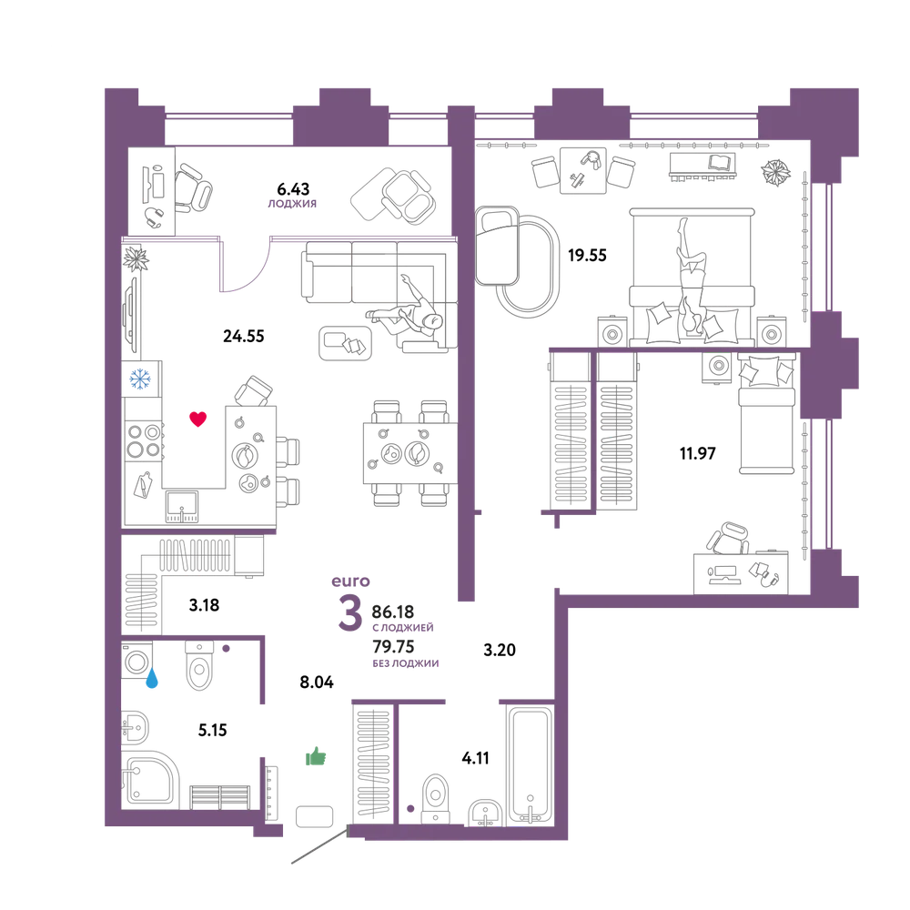 Планировка: Евротрёшка 86,18 м²