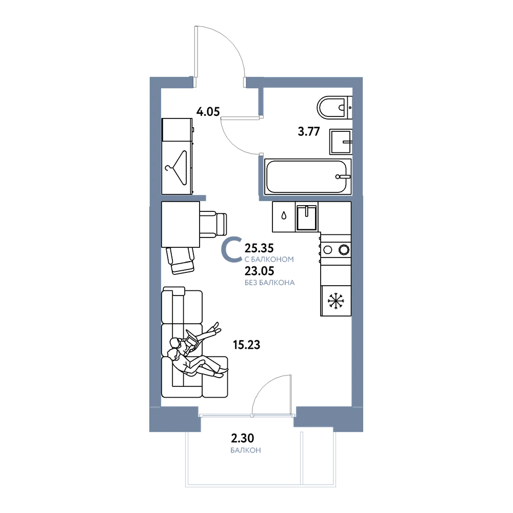Планировка: Студия 25,35 м²