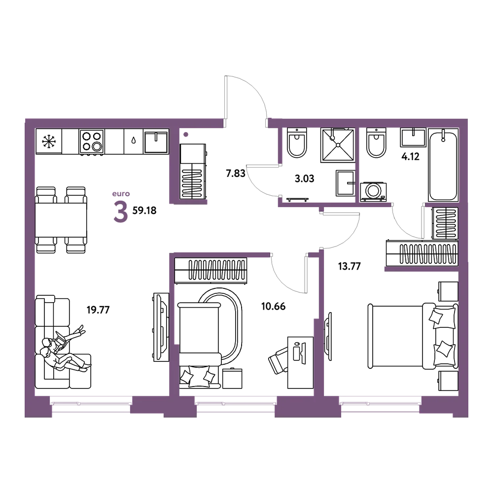 Планировка: Евротрёшка 59,18 м²