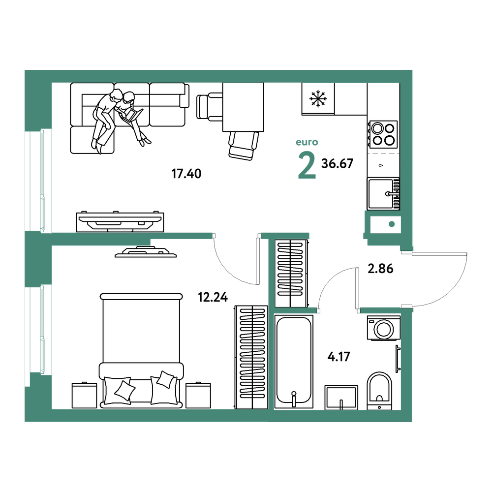 Планировка: Евродвушка 36,67 м²