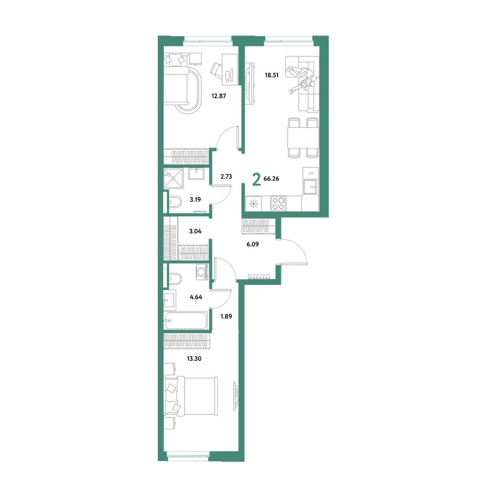 Планировка: 2-комнатная 66,26 м²