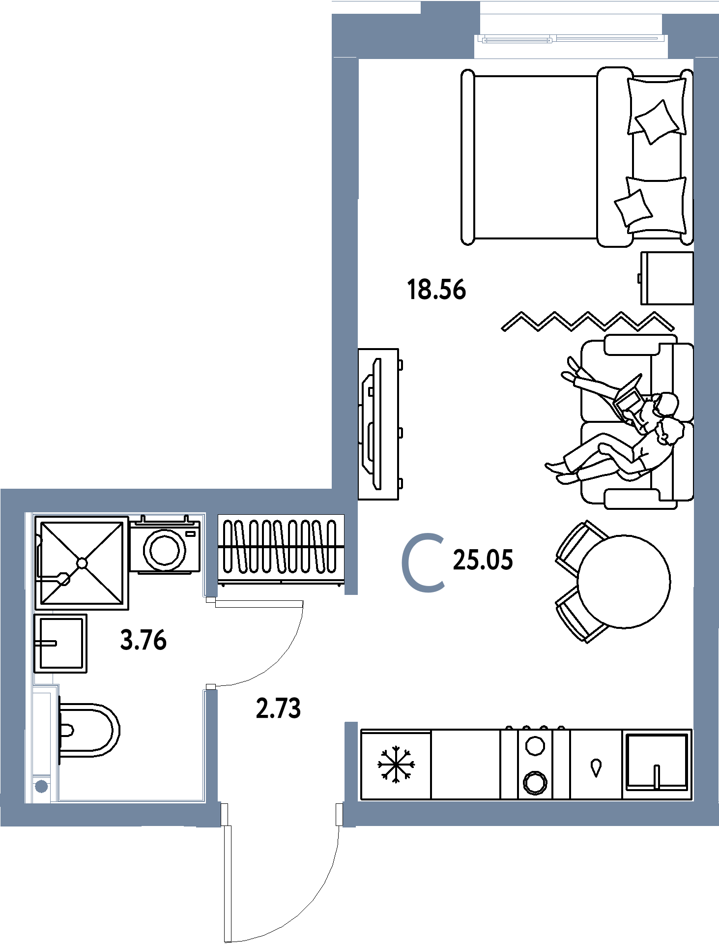Планировка: Студия 25,05 м² в ЖК «Домашний»