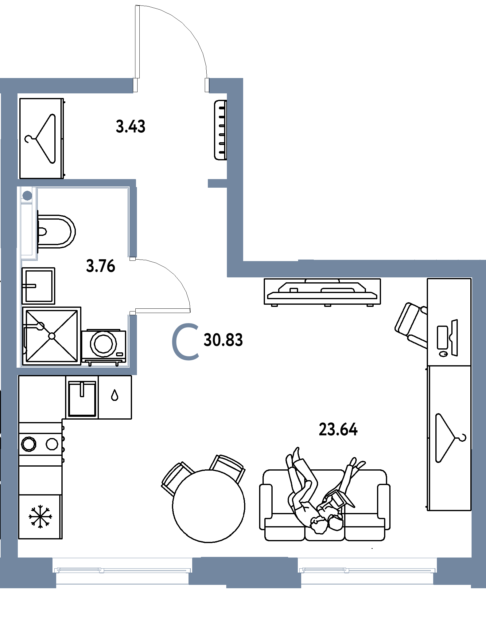 Планировка: Студия 30,83 м² в ЖК «Европейский берег 2.0»