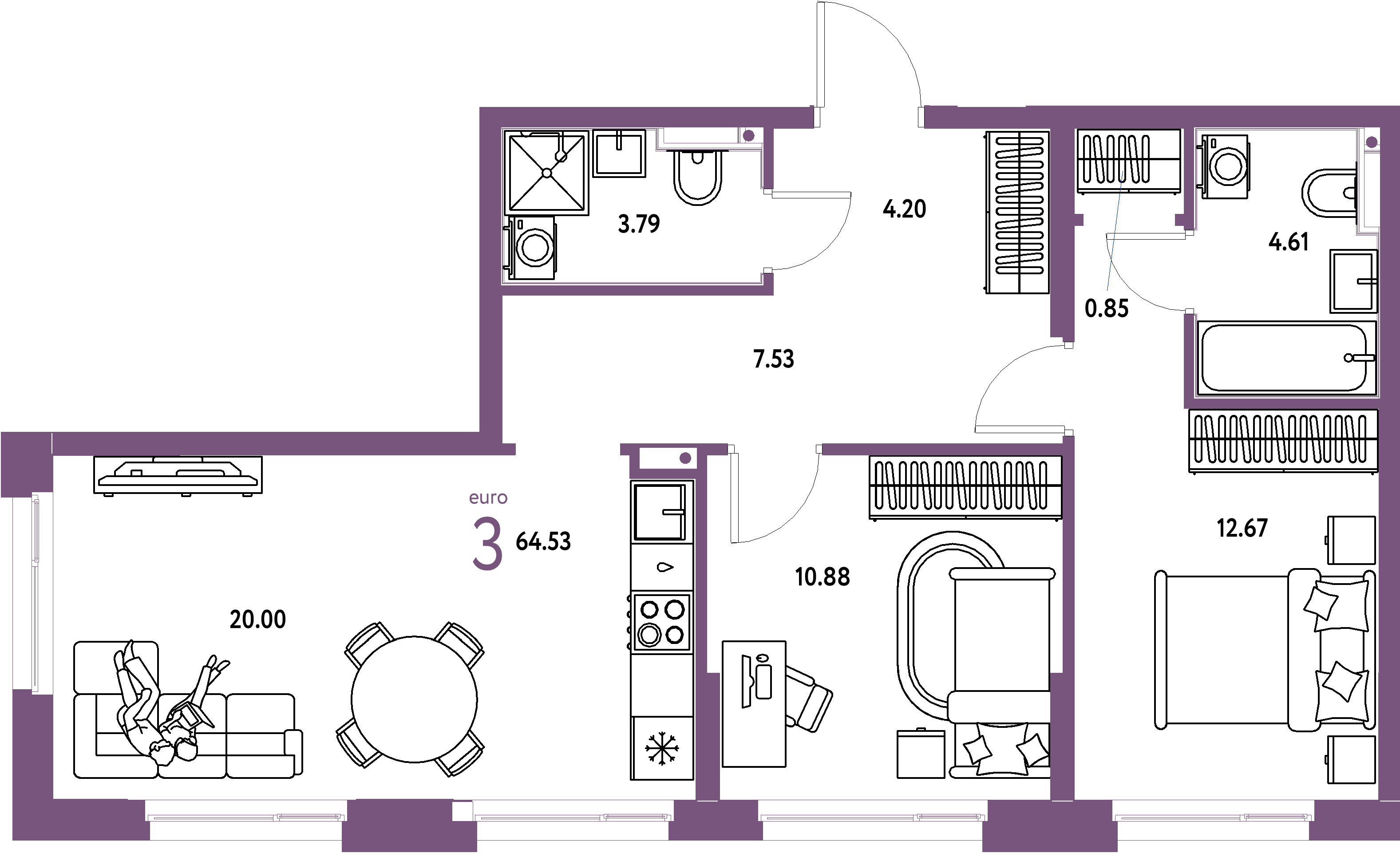 Планировка: Евротрёшка 64,64 м² в ЖК «Домашний»