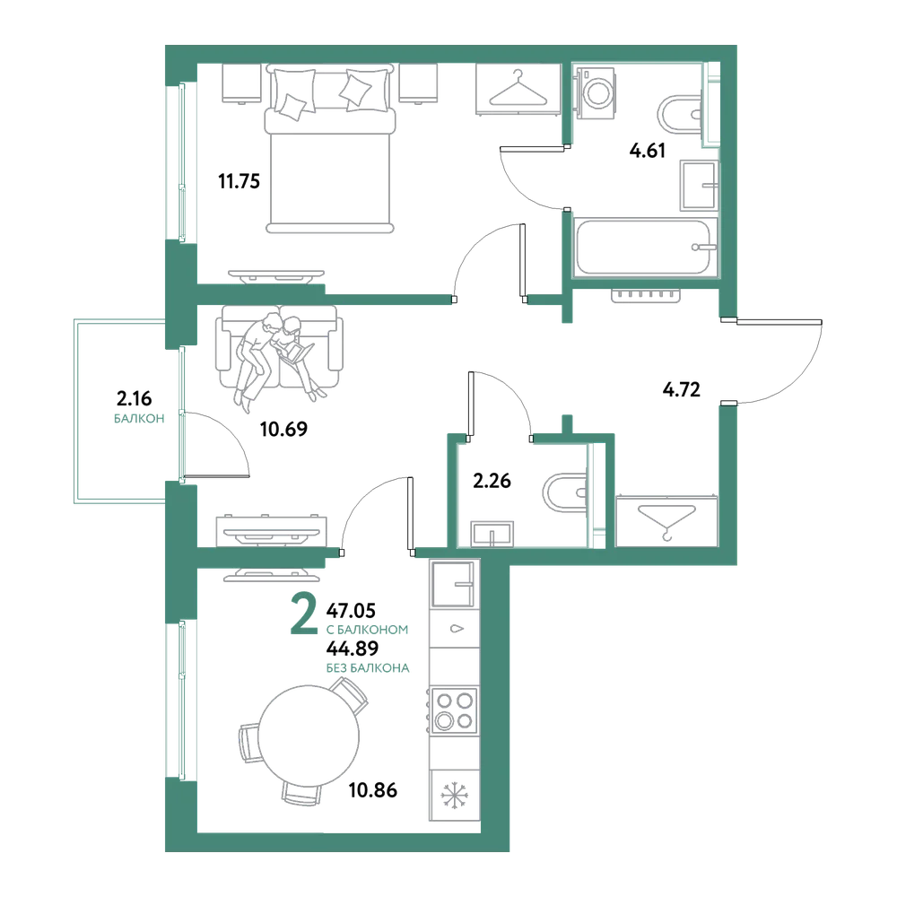 Планировка: 2-комнатная 47,05 м²