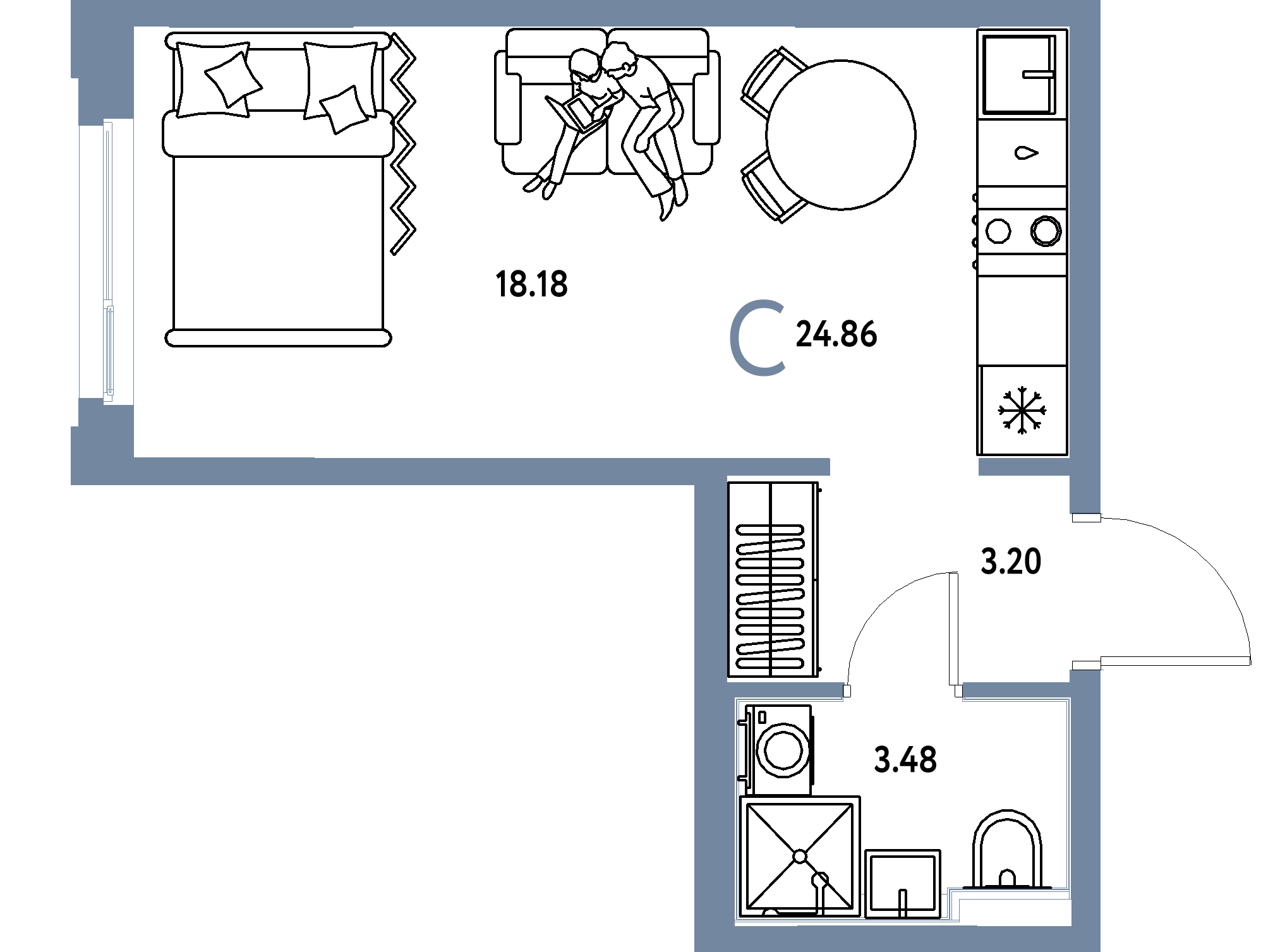 Планировка: Студия 24,86 м² в ЖК «Сердце Сибири»
