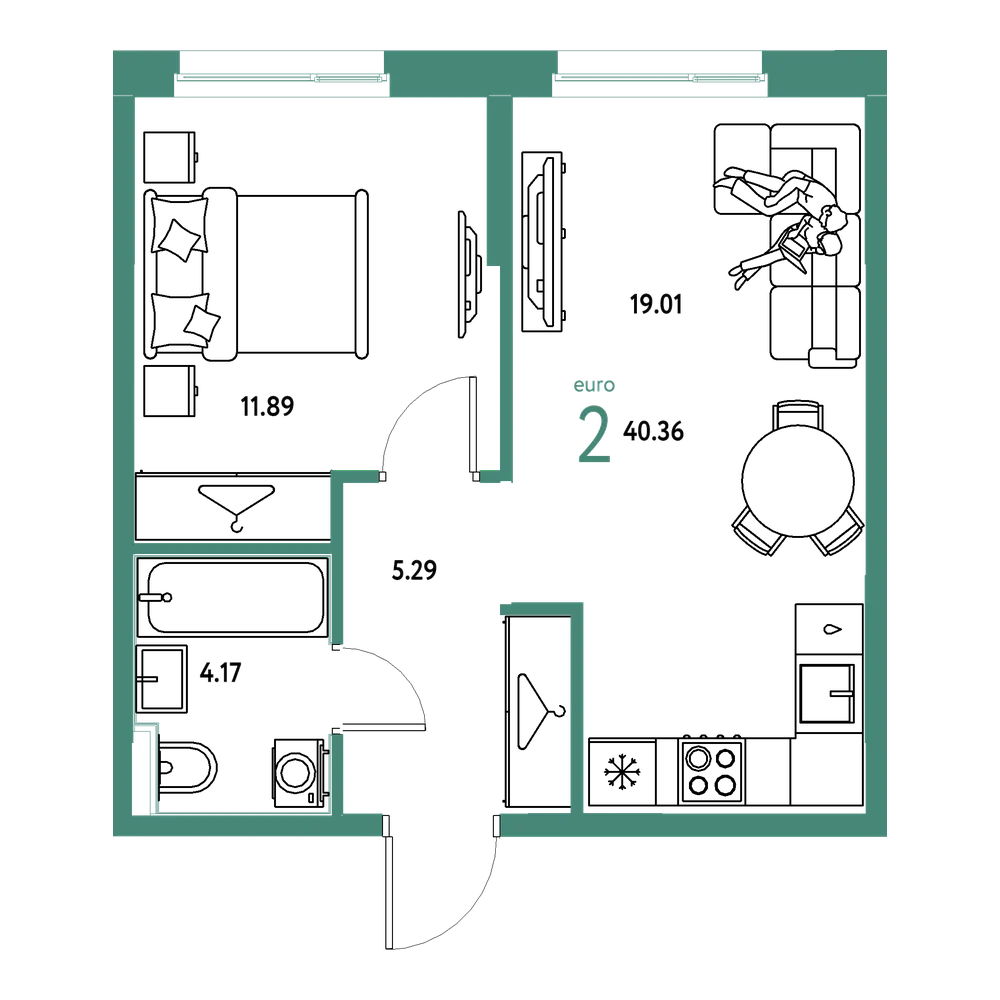 Планировка: Евродвушка 40,36 м²