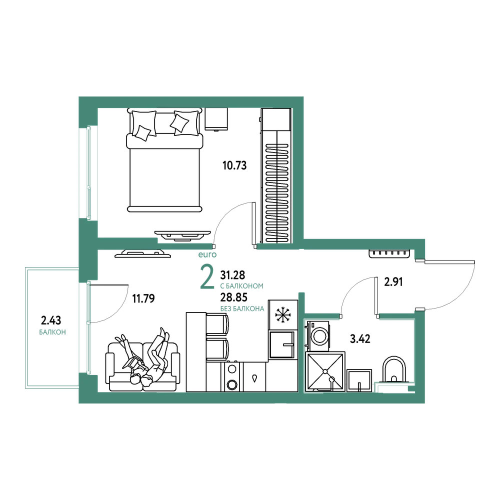 Планировка: Евродвушка 31,28 м²