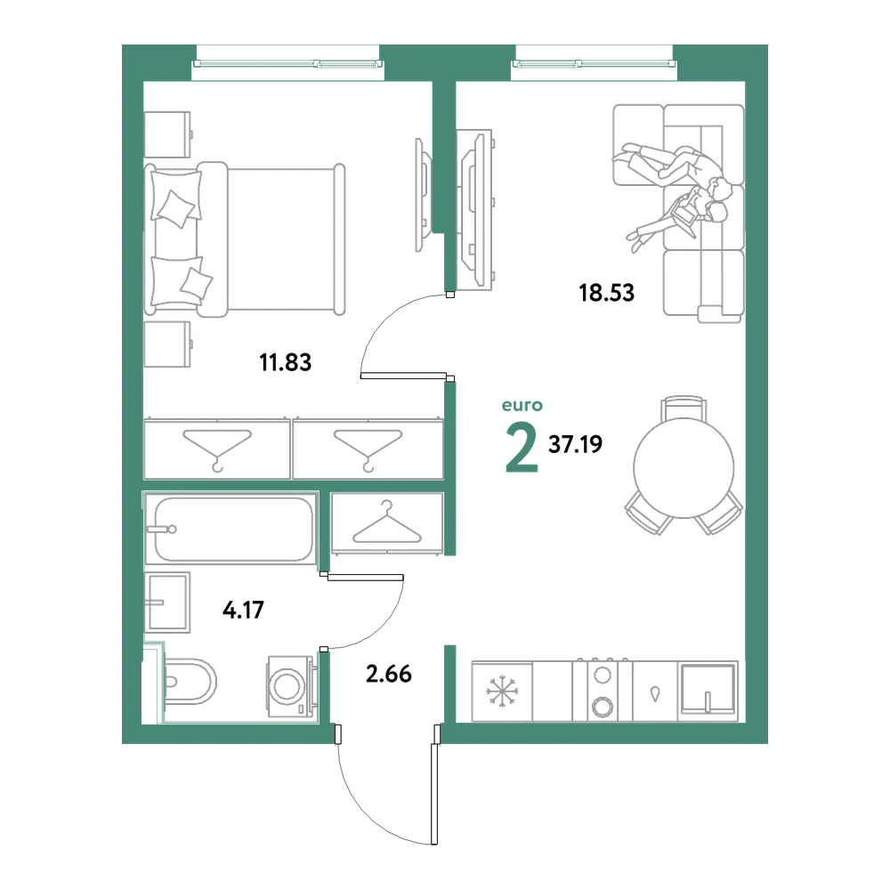 Планировка: Евродвушка 37,19 м²