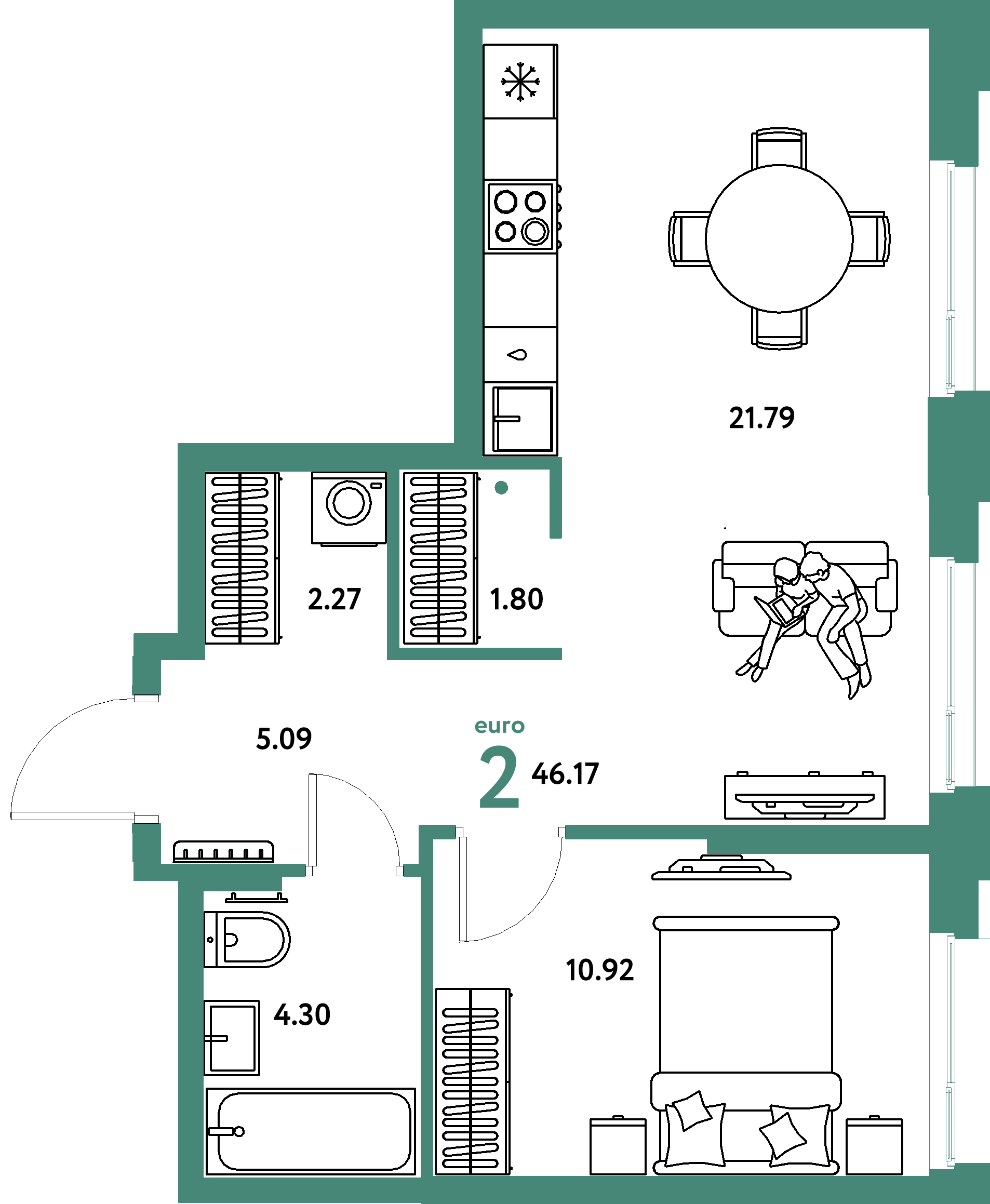 Планировка: Евродвушка 46,17 м² в ЖК «Европейский берег 2.0»