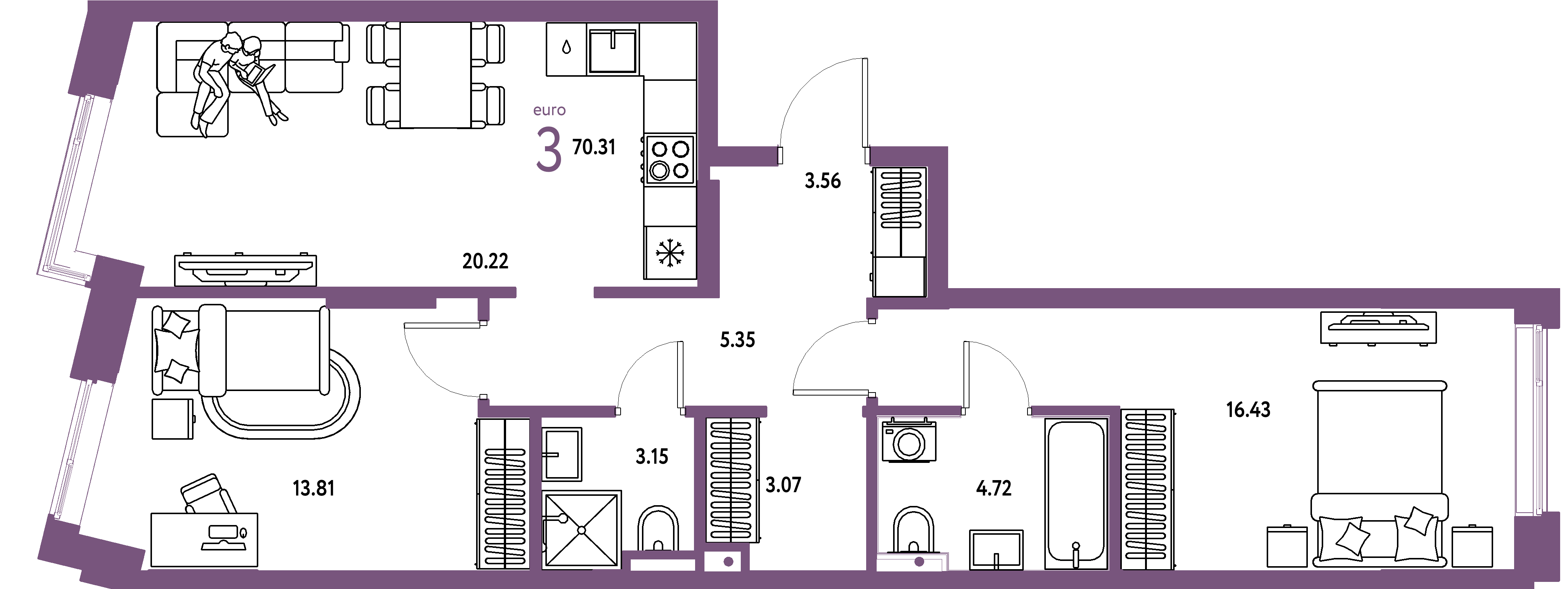 Планировка: Евротрёшка 70,31 м² в ЖК «Остров-сад»