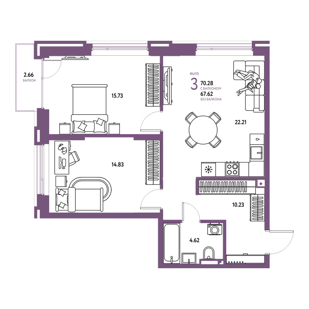 Планировка: Евротрёшка 70,28 м²