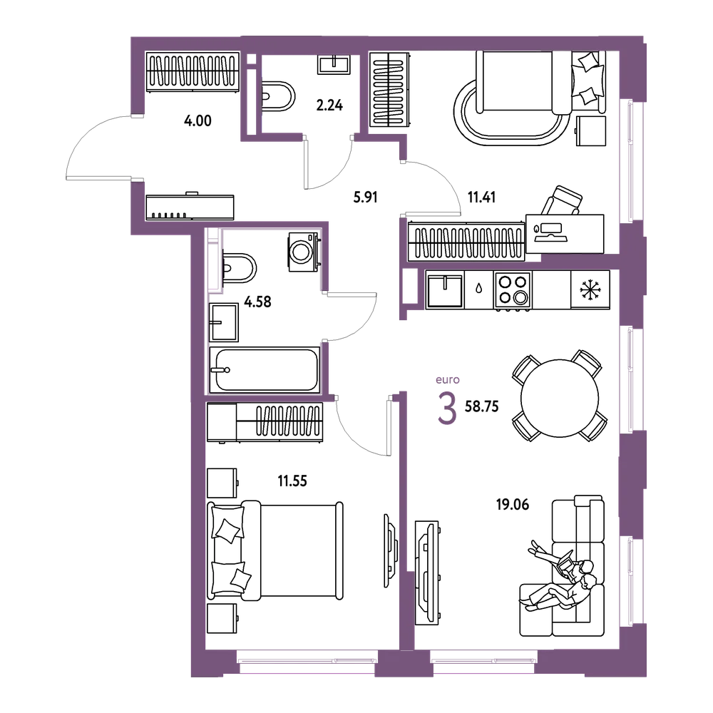 Планировка: Евротрёшка 58,75 м²