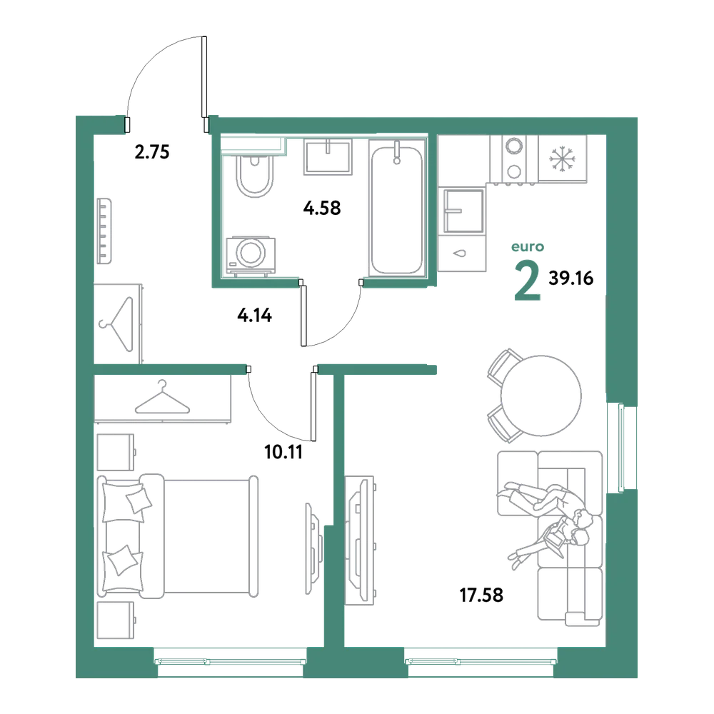 Планировка: Евродвушка 39,16 м²