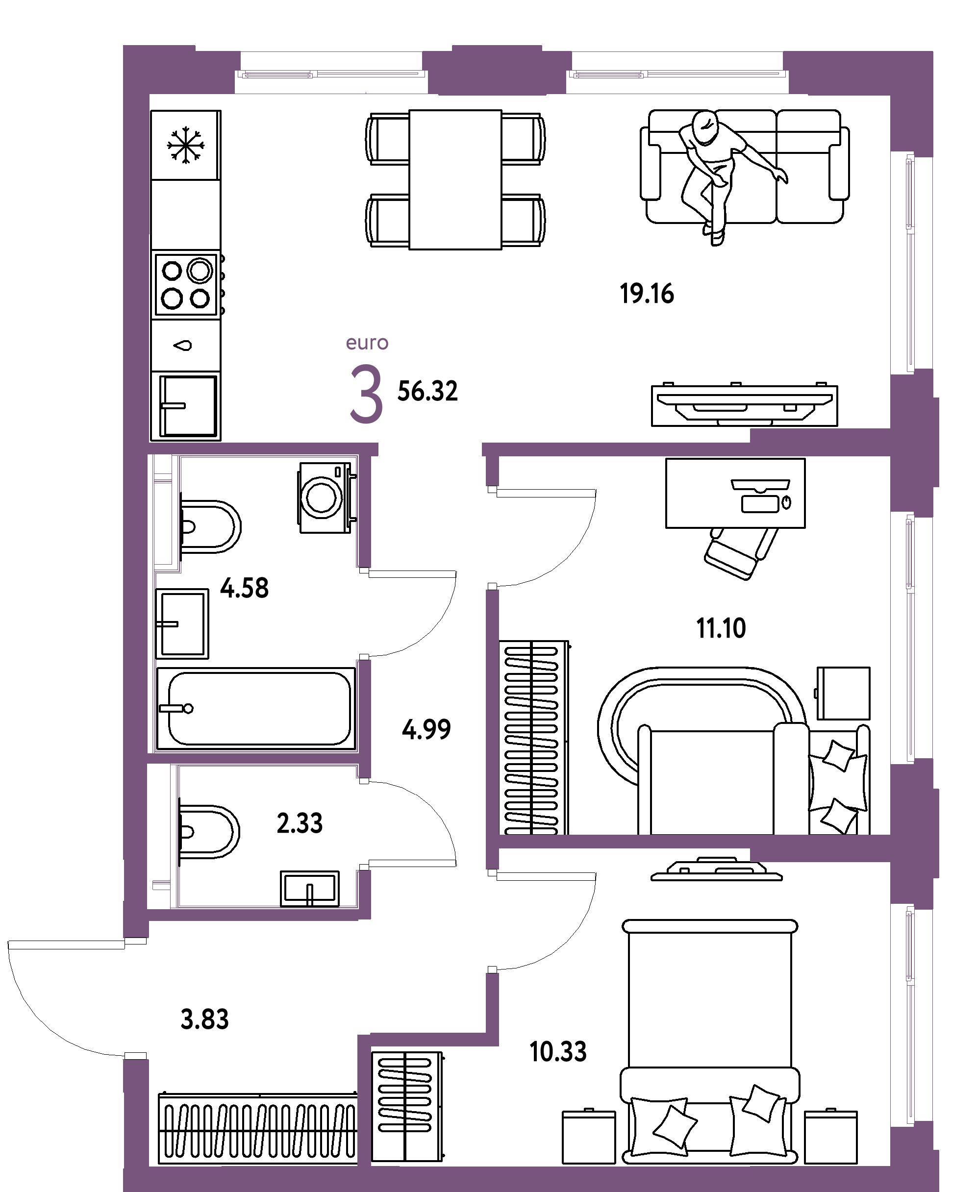 Планировка: Евротрёшка 56,32 м² в ЖК «Сердце Сибири»
