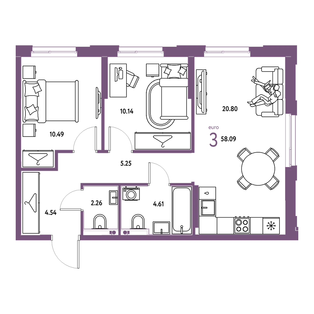Планировка: Евротрёшка 58,09 м²