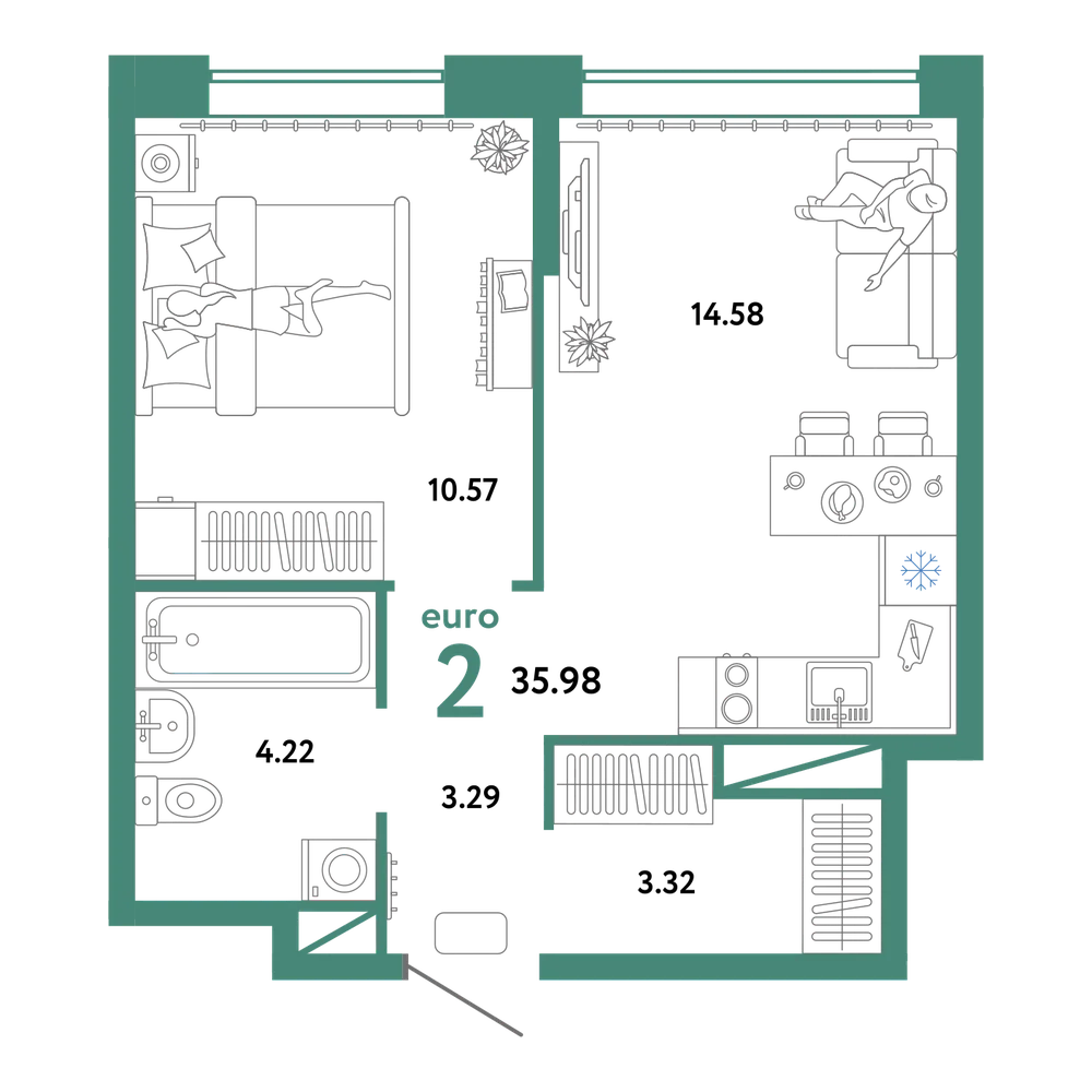 Планировка: Евродвушка 35,98 м²