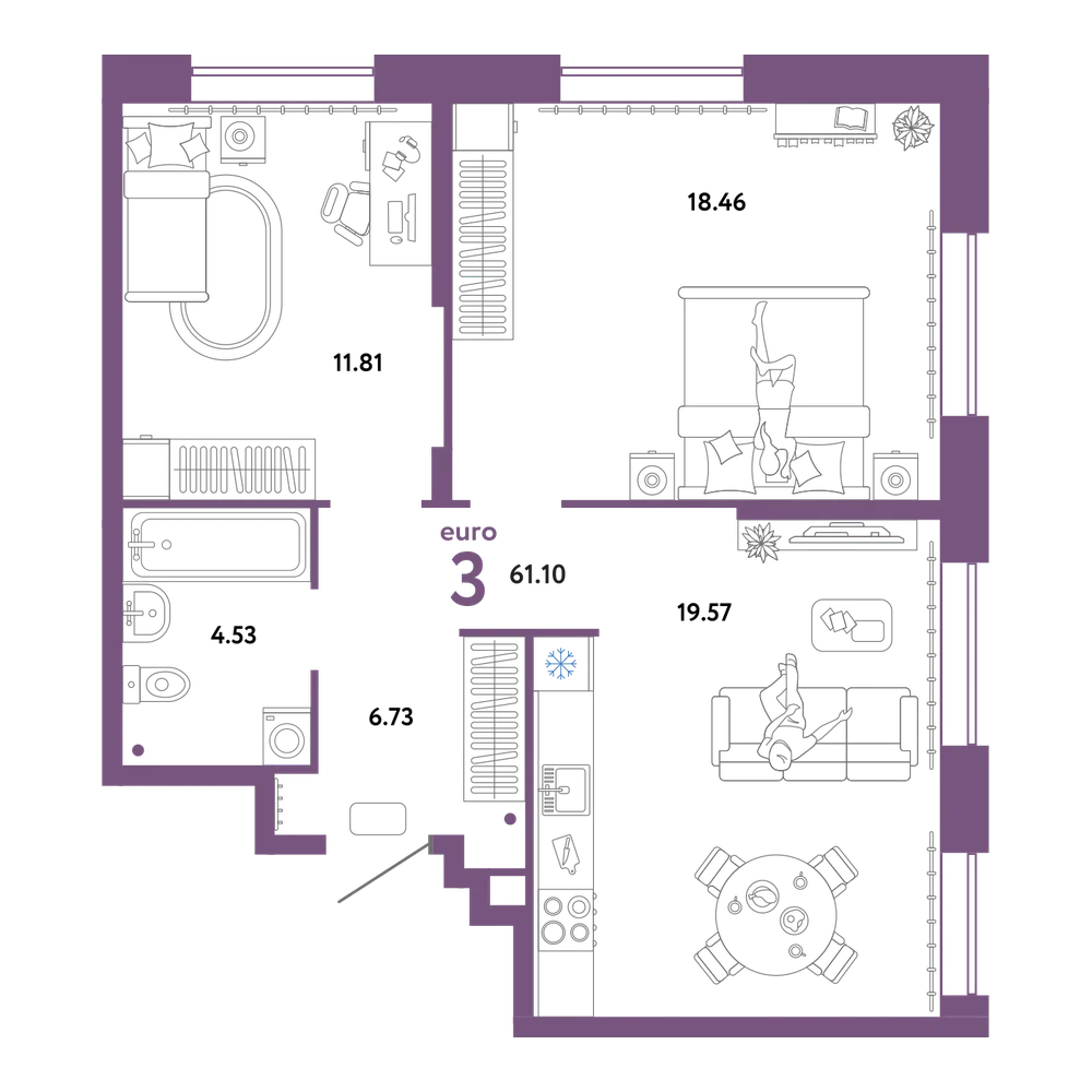 Планировка: Евротрёшка 61,1 м²